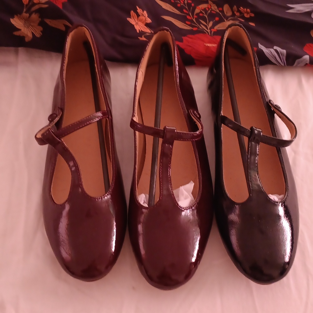 Patent burgandy T-strap flats